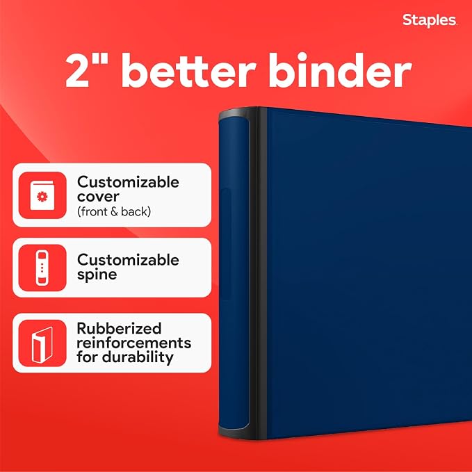 Staples Better Binder, 2-Inch 3-Ring, Blue, Heavy-Duty | Reinforced binder built for school and office document organization.