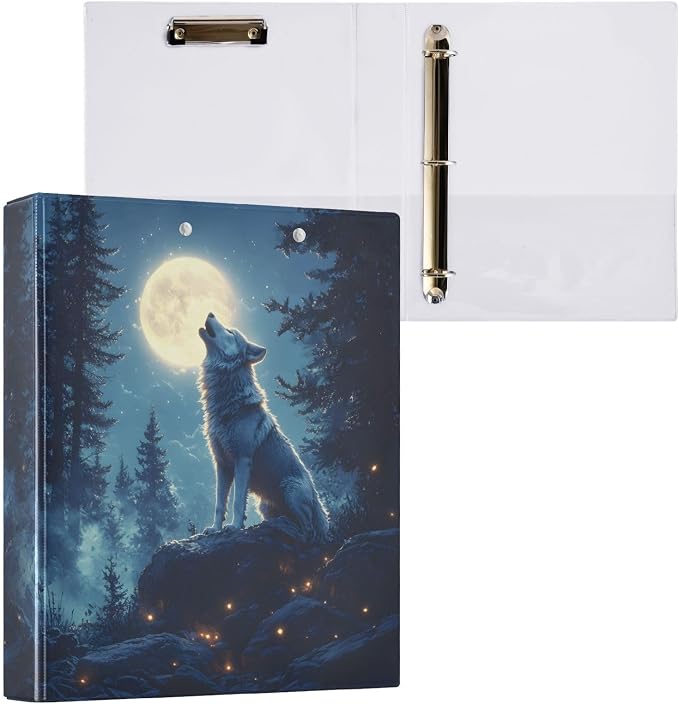 3 Ring Binder Wolf Moon Galaxy Winter Forest a 1.5 inch Binders Three Ring Binders with Clipboard Fit 8.5'' x 11'' Paper 3 Interior PVC Clear Pockets for Office Supplies