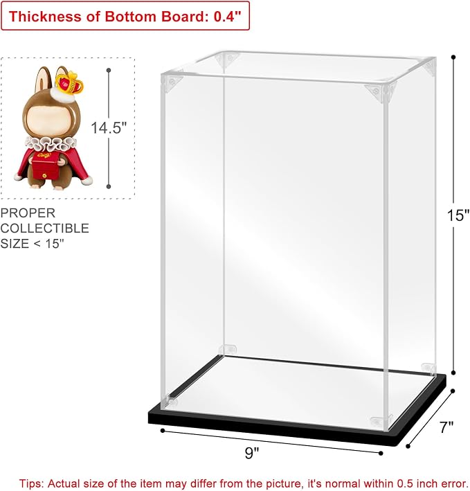 Acrylic Display Case, 9.8×7.8×15.8 Inch Clear Acrylic Display Box with Black Frame, Assemble Collectibles Display Case for Trophy, Action Figures, Dolls & Building Toys