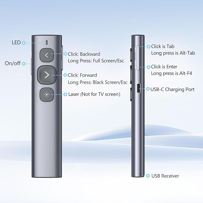 Norwii N95 Presentation Clicker, PowerPoint Clicker for Presentation Remote, Rechargeable Wireless Presenter Pointer, Slide Advancer for PC/Laptop/e-Book in Classroom, Auditorium, Church (Green,USB-A)