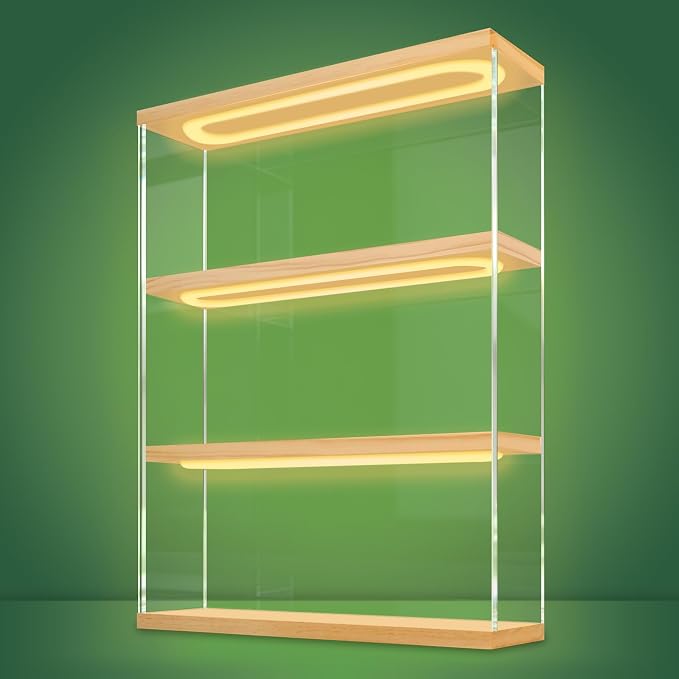 NONEMEY Clear Acrylic Display Case Stand with with Light, 3 Tier Storage Box Wall Mount Showcase Dustproof Organizer Box for Collectibles (Wood 3Tier 12×3.3×15.3inch)