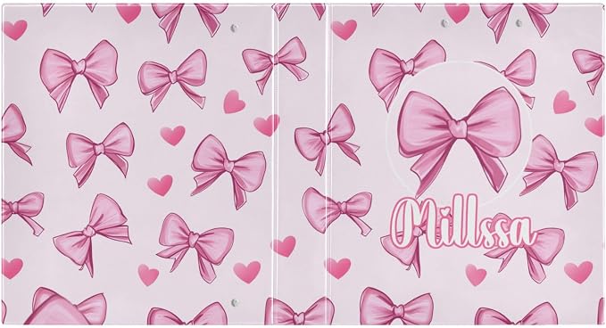Pink Bows 3 Ring Binder with Clipboard Round Ring Binders Hearts Name Custom Binder 3 Interior Clear Pockets for Office Supplies 1 Pack