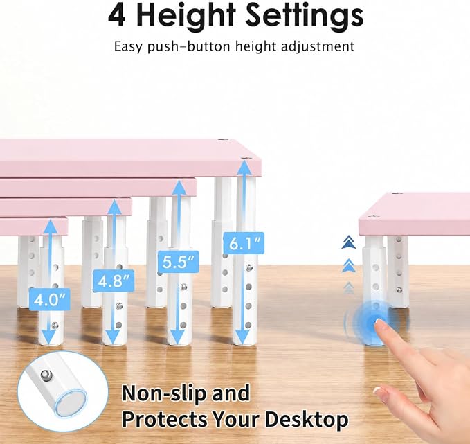 Adjustable Monitor Stand Riser for Desk, Wood Computer & Laptop Stand, Desk Organizers and Accessories, Office Desk Accessories & Workspace Organizer for Home Office Supplies, Pink