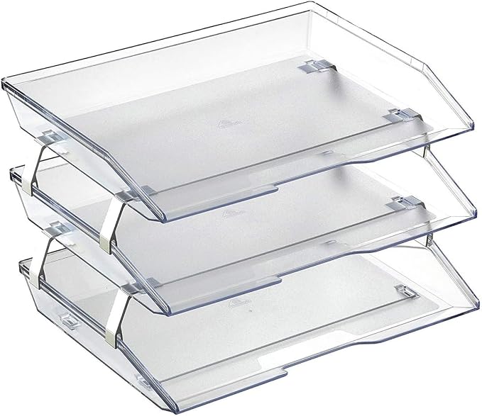 Acrimet 3 Tier Paper Tray Organizer, Letter Size Desk File Organizer Clear | Stackable plastic desktop storage for documents, mail, folders, home office, school and classroom organization and paperwork