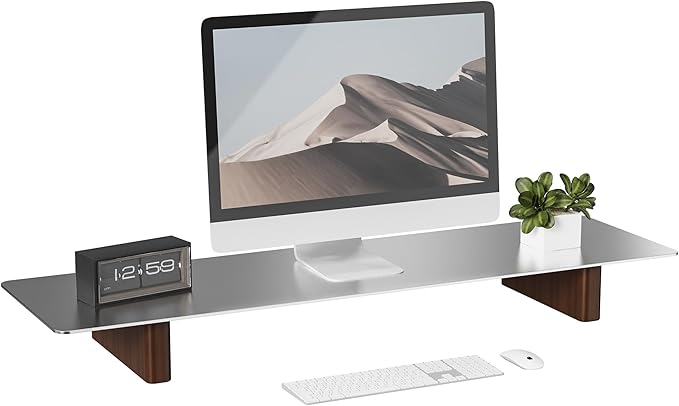 Aluminum Monitor Stand Riser, Ergonomic Desktop Shelf with Wooden Legs - 31.5” Wide Heavy Duty Computer Stand for Home Office, Universal Desktop Monitor Riser for PC, iMac, MacBook, Laptop