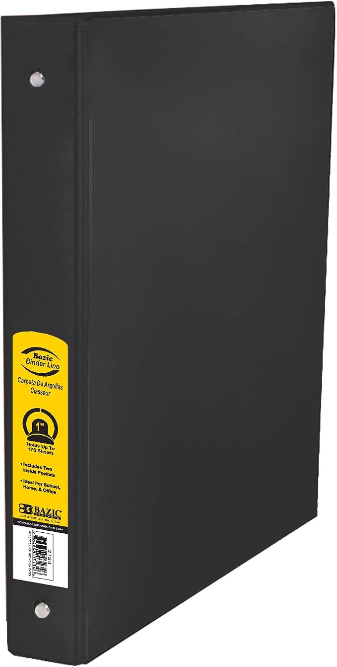 BAZIC Products 1" Black 3-Ring Binder, Round Ring, 2 Pockets | round rings, 1 in Black 3-ring binder, 2 inside pockets, holds up to 175 sheets, Durable poly cover