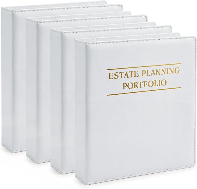 Dunzoom 4 Pcs Estate Planning Portfolio Binder PU Leather 3 Ring Binders with Gold Title and Index Tab Dividers, 11'' x 11.8'' x 2.4'' Estate Planning Organizer (White)