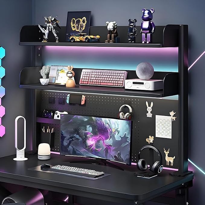 Clamp On Desk Pegboard Shelf - Metal Desktop Organizer Hutch with 2 Shelves | Storage and Display, Desk Add-On Shelf for Office, Dorm Room, Bedroom, Black, 23.6In
