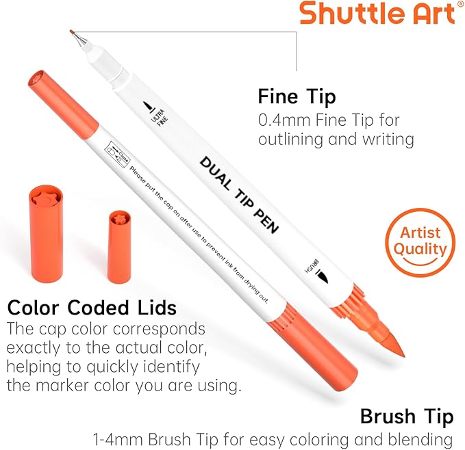120 Colors Dual Tip Brush Marker Pens with 1 Coloring Book, Fineliner and Brush Dual Tip Markers Set, Water-based Ink Perfect for Kids Adult Artist Calligraphy Hand Lettering Journal Doodling Writing