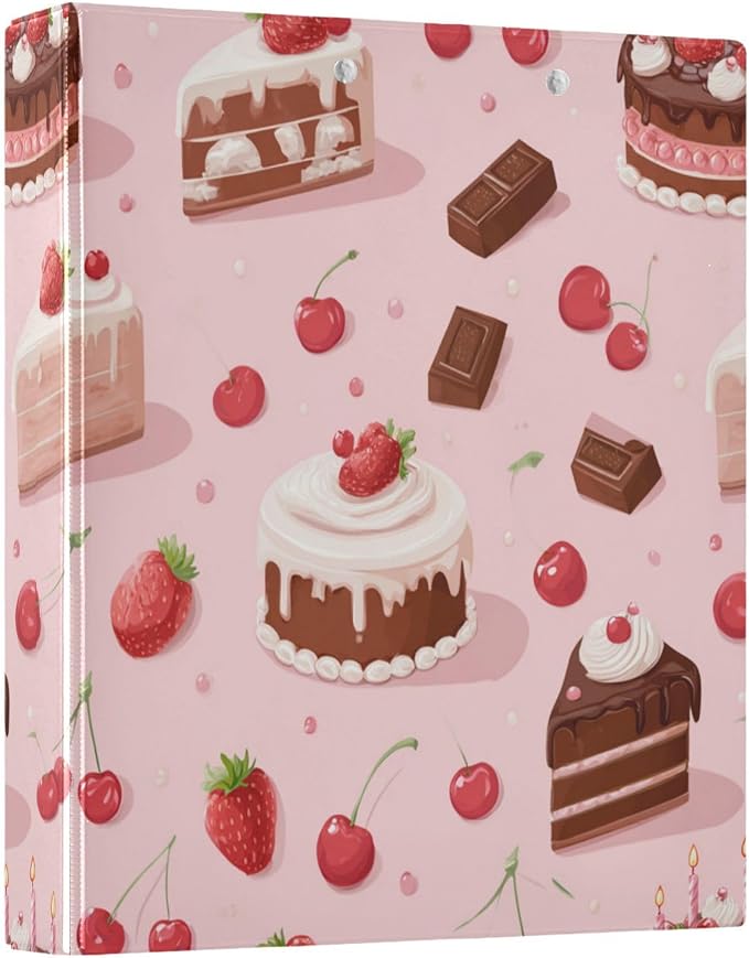 Caikeny 3 Ring Binder Cake Strawberry Dessert Chocolate 1.5 Inch Binders Round Ring Clipboard with 2 Pockets for Office Supplies