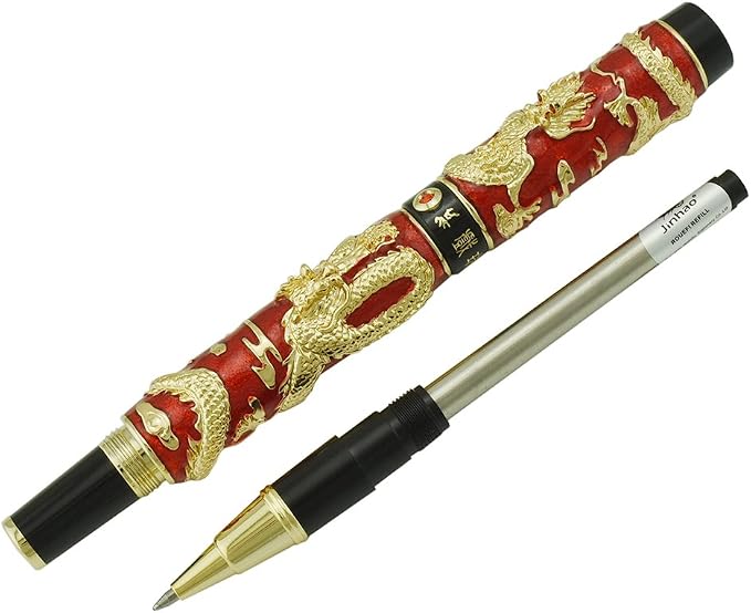 Jinhao Double Dragon Rollerball Pen Red Cloisonne Enamel Handcraft for Signature and Collection