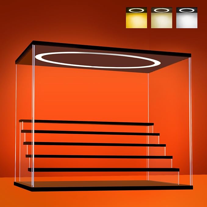 Acrylic Display Case with Adjustable LED Light, 6 L Tier Clear Display Box Dustproof Showcase for Action Figures, Collectibles and Mini Toys, Assembly Display Cabinet(Black 19.7*12.6*16.5in)