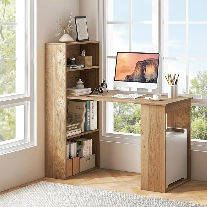 Tangkula Computer Desk with Bookshelf, Writing Study Desk with Storage Shelves & CPU Stand, Modern Compact Computer Workstation for Home & Office, Space-Saving Design(Natural) | Natural Wood Desk w/Storage Shelves & CPU Stand, Space-Saving Design Writi...