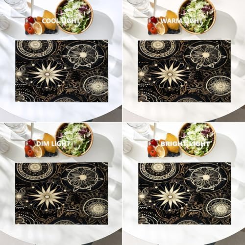 Batmerry Circular Patterns Floral Designs Linen Placemats Set of 4, Black Gold Decorative Patterns Washable Table Mats for Kitchen Table Thickened Heat Insulation Dining Set Indoor Outdoor 12X18 in