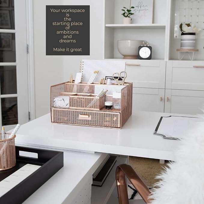 BLU MONACO Large Rose Gold Desk Organizer | 12-Compartment Metal Mesh Desktop Organizer with Drawer | Office Supplies & File Holder for Home Office, Workspaces, Vanity & Craft Storage