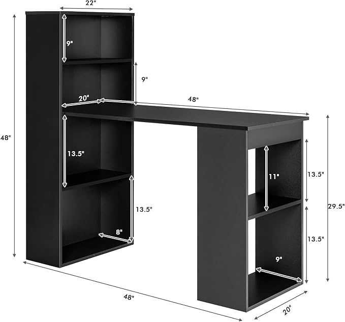 COSTWAY Computer Desk with Shelves, 48” Study Writing Desk with 6-Tier Storage Shelves, Reversible Study Workstation w/Wide Base for Home, Office & Dorm, Easy Assembly