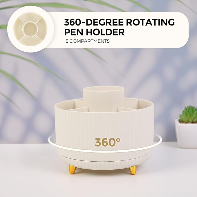 SKYDUE Desk Organizer Set with 360° Rotating Pen Holder | Includes Stapler, Scissors, Tape Dispenser, Clips, Pins & Accessories, For Home Office, School, Teacher