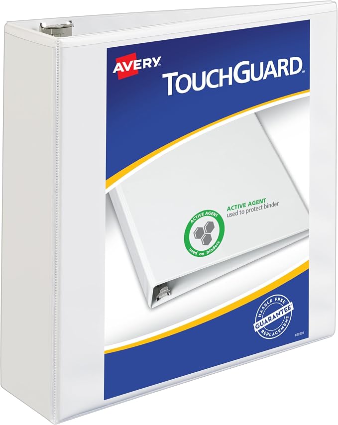 Avery TouchGuard 3 Ring Binder, 3" Slant Rings, 1 White Binder | For Daily School, Home and Office Use, Surface Protection, Cleanable With Household Cleaners, Smudge-Resistant Pockets