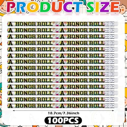 Tenceur 100 Pcs Honor Roll Pencils with Erasers Bulk 7.3 Inches Student Incentives Recognition Education Award Prize for Teacher School Classroom Reward Supplies