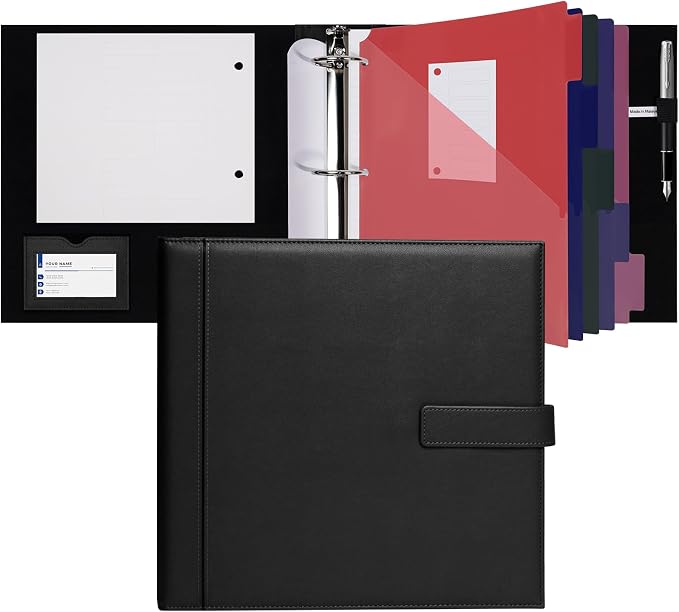 POPRUN 2 Inch PU Leather Portfolio Binder, Letter Size, Black | 2" Ring, Letter Size, PU Leather, Dividers, Document Organizer, Business, Meetings, Office