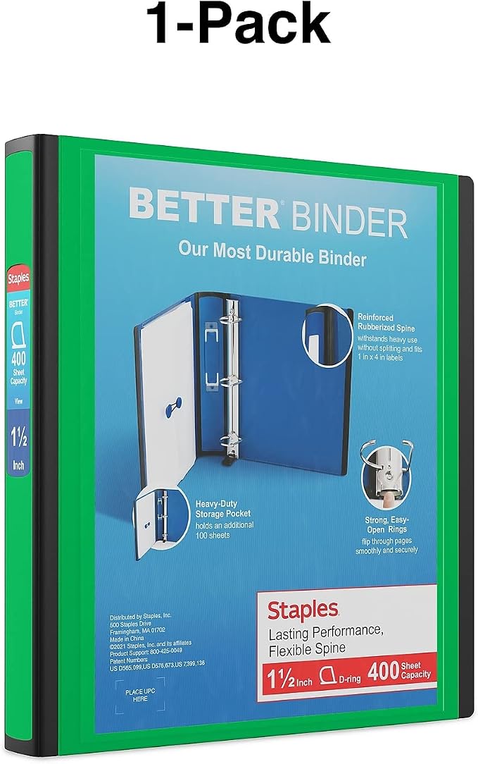Staples Better 1.5-Inch 3-Ring Binder, Green, Heavy-Duty | Durable binder built for school and office document organization.