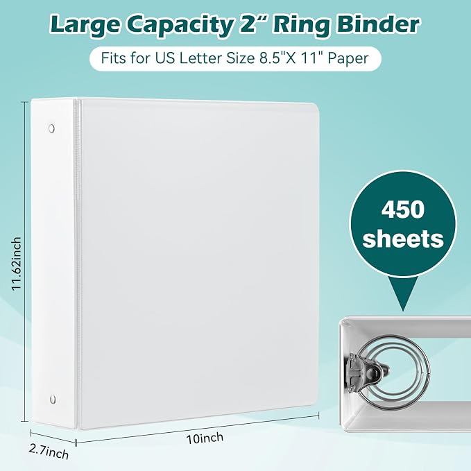 Heture 3 Ring Binder 2 Inch 6 Pack,2" Clear View with Round Rings, PVC-Free,Holds for 450 Sheets 8.5X 11 US Letter Size Paper, Durable White Binders Perfect for Office,School and Home