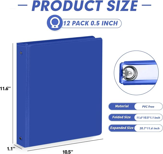 3 Ring Binder 0.5 Inch, PANDRI 12 Pack 0.5-Inch Binder Fits Letter Size 8.5'' x 11'' Paper, Versatile Binders for Office Home School, 2 Pockets, Color