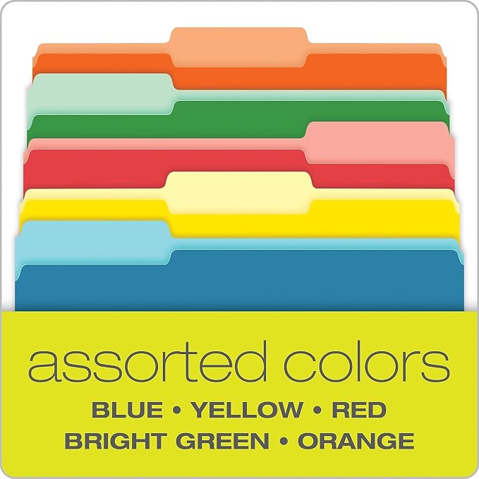 Pendaflex 435013ASST Interior File Folders, 1/3 Cut Top Tab, Legal, Bright Assorted (Box of 100)