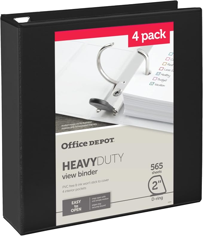 Office Depot® Heavy-Duty View 3-Ring Binder, 2" D-Rings, Black, 49% Recycled, Pack of 4