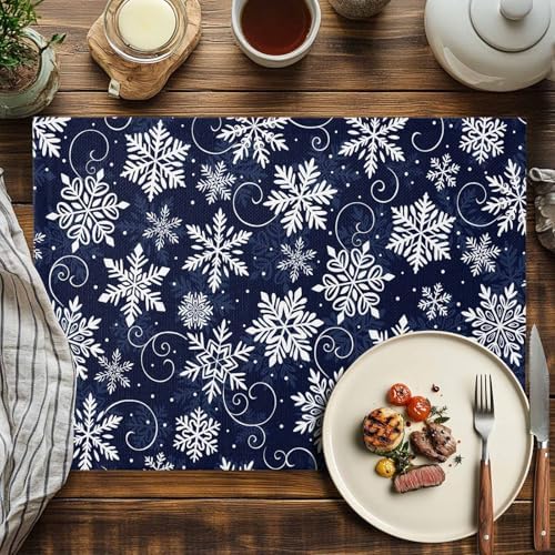 Christmas Placemats Set of 6, White Navy Snowflakes Pattern Heat Resistant Washable Table Place Mats Winter Cotton Table Linens Party Holiday Decor for Kitchen Dining Outdoor Indoor