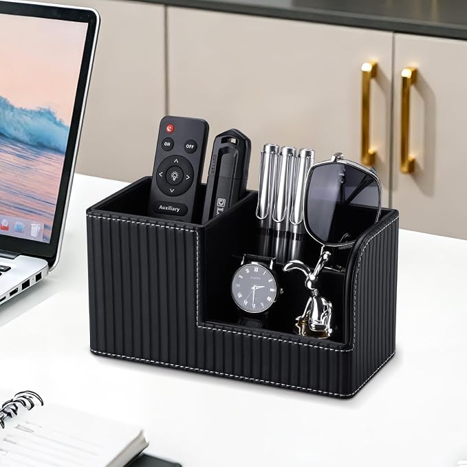 Desk Pen Organizer Office Supplies Caddy Pu Leather Multi-function Storage Box Pen/Pencil,Cell phone, Business Name Cards Remote Control Holder (Black)