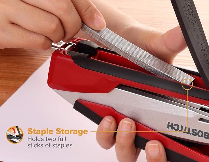 Bostitch Office InPower Spring-Powered Premium Desktop Stapler - One Finger, No Effort, Red/Silver (1117)