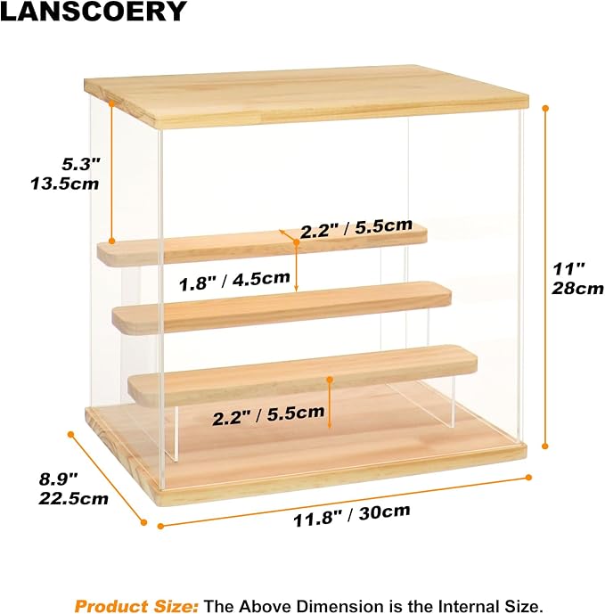 LANSCOERY Acrylic Display Case with RGBW Lights, 4 Tier Wood Finish | 11.8 x 8.9 x 11 in case displays small figures on desks or shelves with tiered rows and front access.