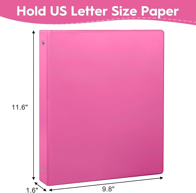 CIXILDTS 3 Ring Binders, Standard Round Ring Binder Fit Letter Size Paper, Presentation 1-Inch Binders, 6-Pack, Pink