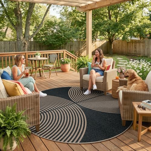 Lahome Modern Rainbow Round Rug 6ft, Easy Jute Circle Outdoor Rug