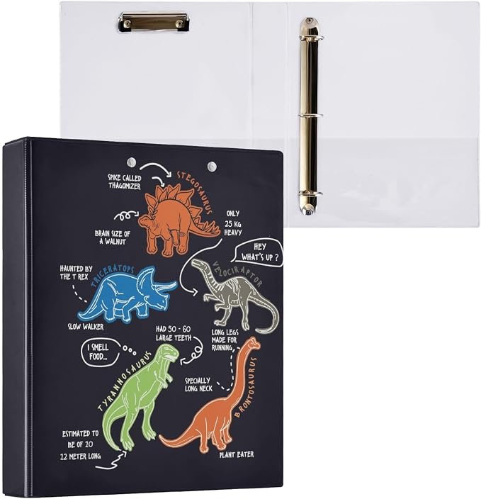 Dinosaur Cartoon Black Decorative 3 Ring Binder 1.5 Inch Large View Binders with Pockets File Organizer for Office College School, 2 Pack
