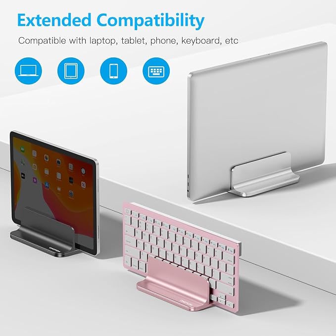 OMOTON Vertical Laptop Stand Holder, Adjustable Dock for MacBook, Rose Gold | Aluminum Stand for MacBook Stand, Fits Chromebook & Gaming Laptops up to 17.3 in, Office Desk Organization, Space-Saving