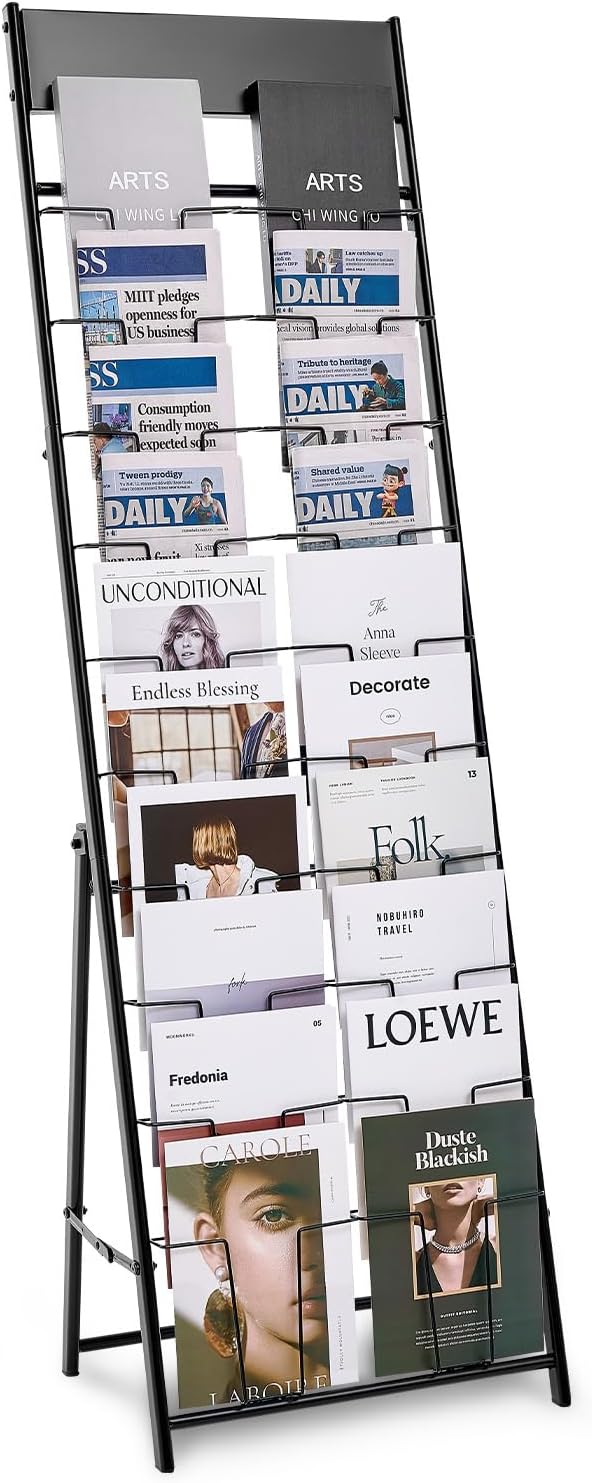 VEVOR Brochure Display Rack, 20 Pockets Magazine Literature Display Stand, Portable Floor Standing Magazine Rack, Metal Newspaper Catalog Holders for Shop, Exhibitions, Office, Trade Show, Black