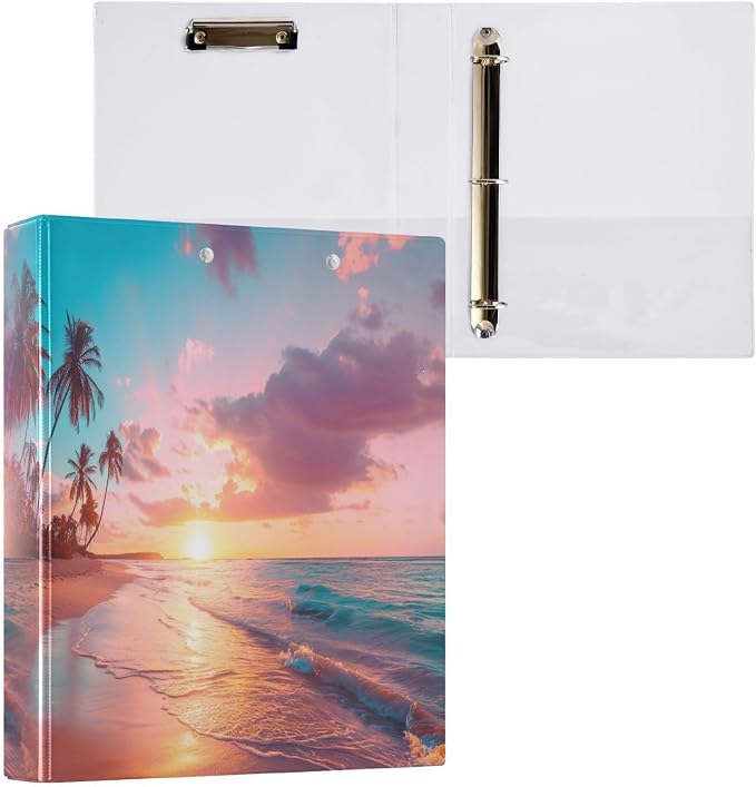 ALAZA 3 Ring Binder Tropical Sea Beach Landscape Clipboard Round Ring Binder Holds 1.5 Inch Three Ring Binder Heavy Duty Ring Binders for Office Supplies, 1Pack