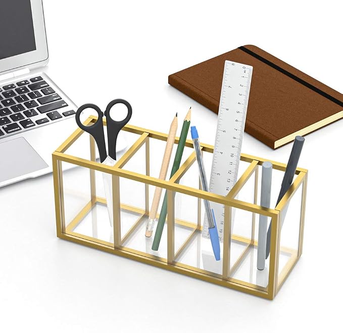NIUBEE Gold Acrylic Pen Holder 4 Compartments, Desk Office Pencil Cup Desk | Scratch-resistant thick acrylic with 4 slots for pens, pencils, makeup brushes, office, vanity and school use