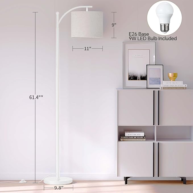 SUNMORY Arc Floor Lamp, Modern Floor Lamp with 9W 3 Color Temperatures Bulb | Metal Standing Lamps with Adjustable Hanging Lampshade, Tall Floor Lamps for Living Room, Bedroom, Office, White