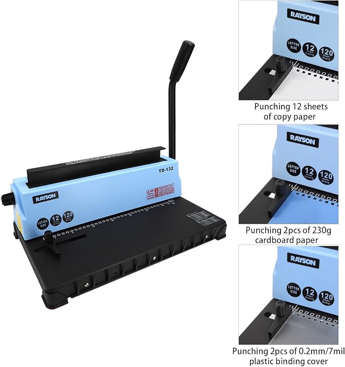 RAYSON TD-132 3:1 Wire Binding Machine, 12-Sheet Punch, 120-Sheet Capacity | 32-hole Letter-size punching with 2.5, 3.5, and 4.5 mm margins; binding capacity varies by margin and paper thickness.