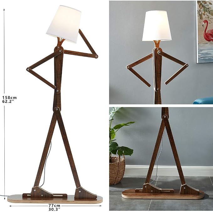 Unique Tall Reading Wood Floor Lamp, LED Bulb Included, Teak | Cool Decorative Corner, Rustic Swing Arm Standing Lighting for Kids Bedroom, Living Room, Dorm, Office, Farmhouse