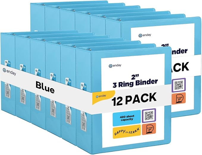 Enday 2 inch 3 Ring Binder (12 Pack - Blue) Binder 2 inch with Clear View Cover and 2 Inside Pocket - for Letter Size 8.5 x 11'' Paper, Ideal for School Supplies, Office, and Home