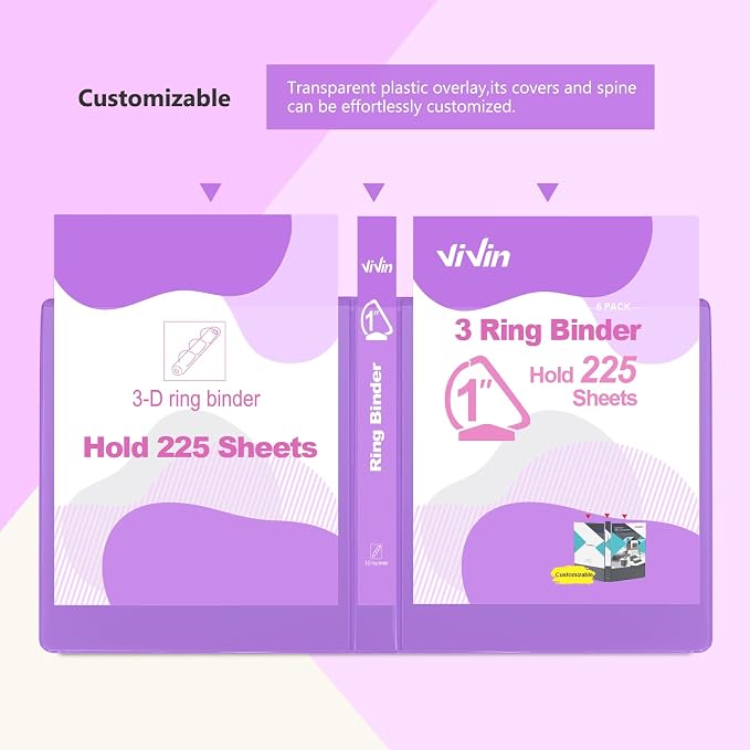 ViVin Sturdy 1 Inch D Ring Binders with 2 Pockets, 6 Pack, Purple | 3 Ring Binders with Clear View Cover, Hold 225 Sheets of US Letter Size Paper, PVC-Free for Office, Home, School