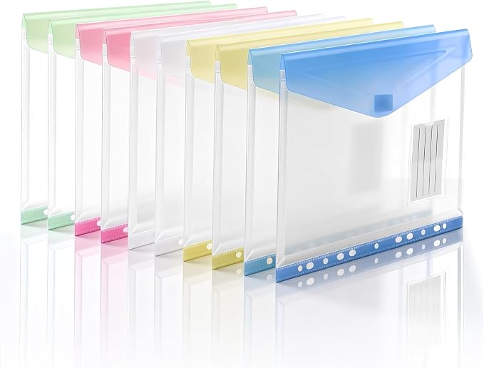 11-Hole Binder Pockets, Fits Letter/A4 Size for 2/3/4 Ring Binder, 10 Pack | Plastic Expanding File Folders with Label & Hook-Loop Closure, 200-Sheet Capacity, Suitable for Home, Office, School