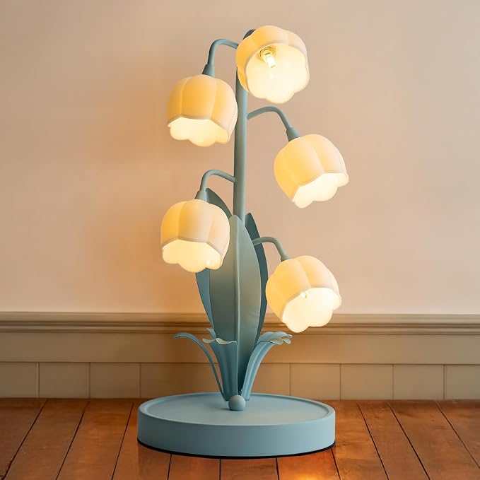 WERFOP Flower Table Lamp, Lily of The Valley Lamp for Bedside Accent 3 Color Modes Cottagecore Soft Reading Night Light for Bedroom, Corner, Dorm, Entrance Home Vintage Decor (Powder Blue)