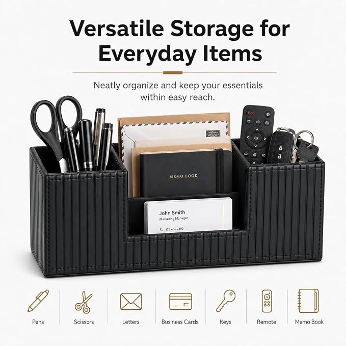GORESE Pen Holder for Desk, PU Leather Desk Organizer for Office, Black | 4-Compartment, Vegan Leather, Office Supplies, Desk Caddy Nightstand Organizer for Pen, Pencil, Remote Control, Business Card