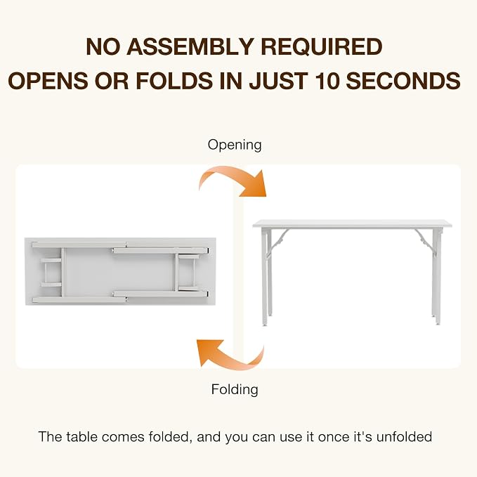 TEMI Long Computer Desk Folding Table - 55.1" Foldable Office Desk, No Assembly, Perfect Writing Table for Bedroom or Apartment, Portable Large Desk or Study Table with Compact Design, White Ash