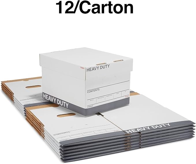 Staples Triple Wall Heavy Duty File Box, Lift-Off Lid, 12/Carton | White/gray boxes for letter or legal documents in bulk storage settings.